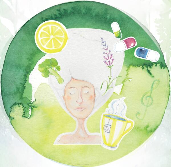 Logo des Gesundheitstags der Pflegeberufe: Ein Gesicht einer Frau, welche entspannt ist und umgeben wird von verschiedenen Motiven der Gesundheit, wie einer Zitrone, einem Brokkoli, einer Tasse Tee, Kräutern und Tabletten.